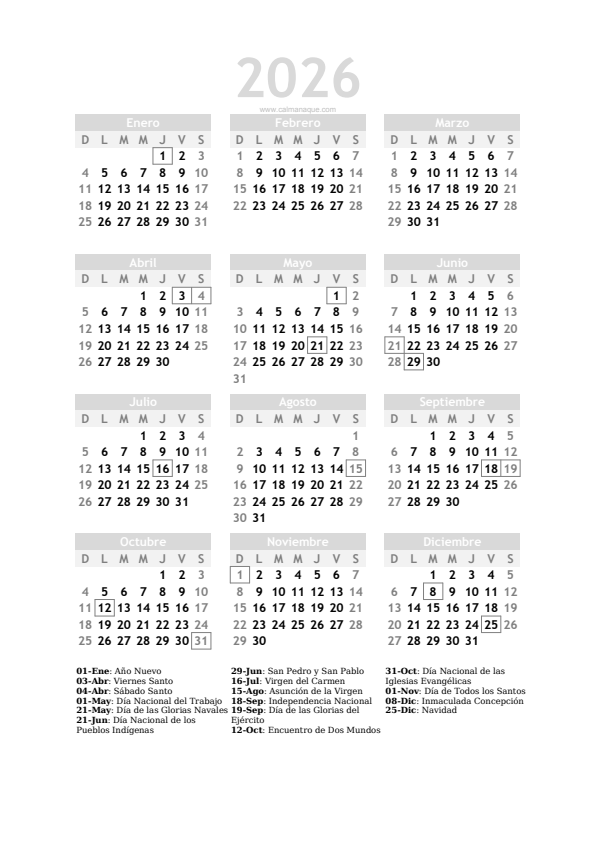Calendario 2026 #20 — Chile — Calmanaque