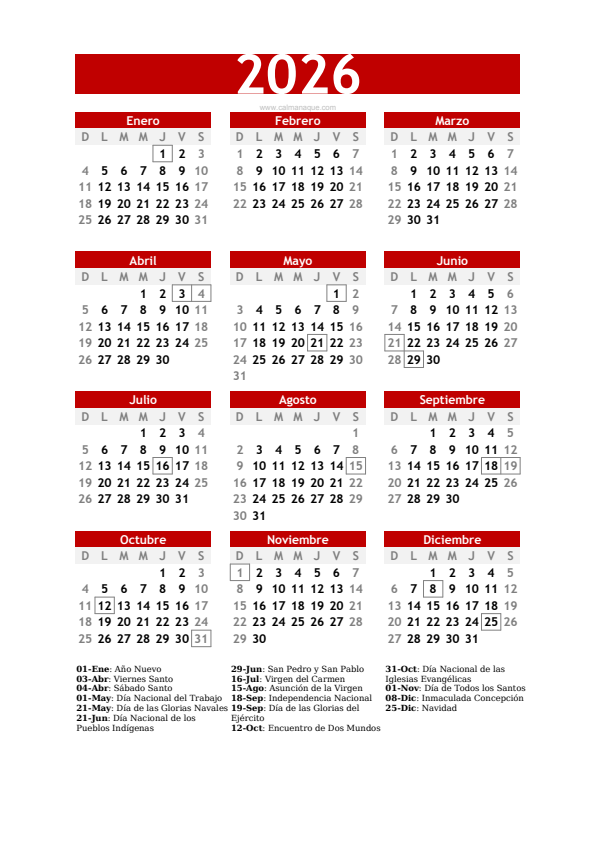 Calendario 2026 #30 — Chile — Calmanaque