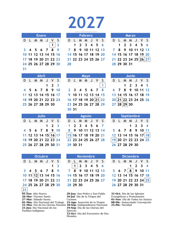 Calendario 2027 #10 — Chile — Calmanaque
