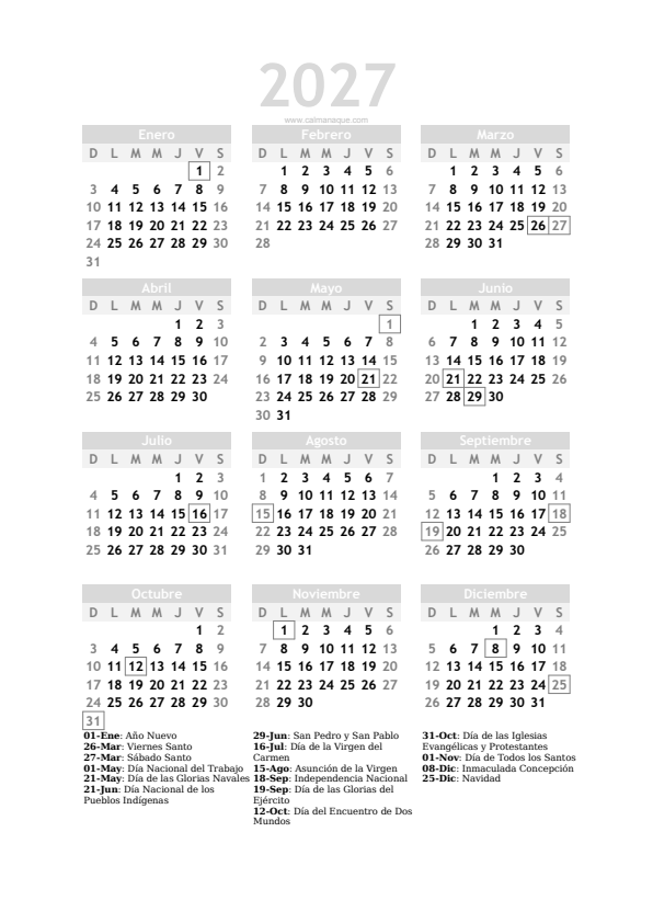 Calendario 2027 #20 — Chile — Calmanaque