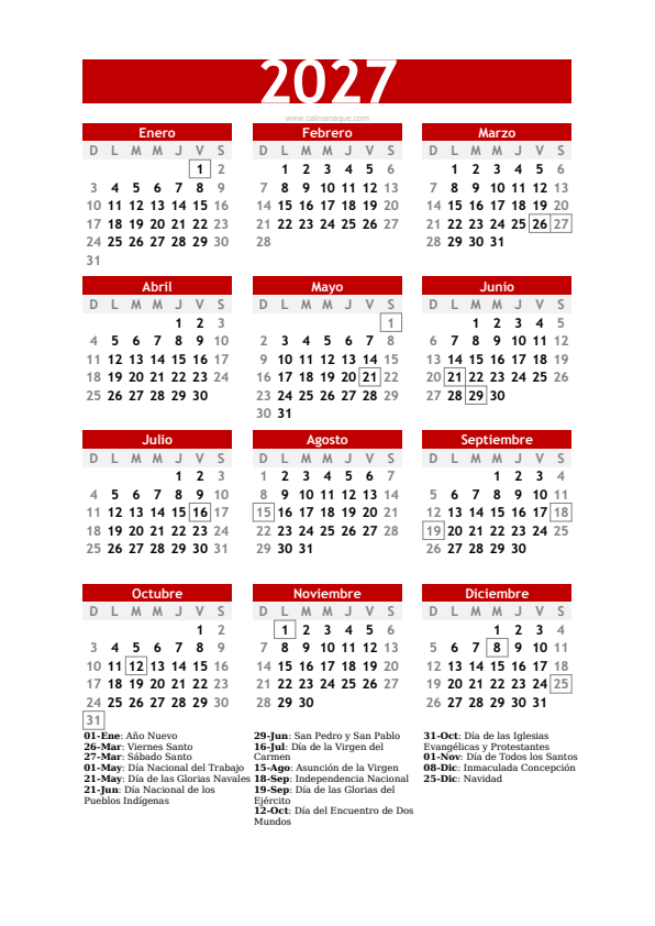 Calendario 2027 #30 — Chile — Calmanaque
