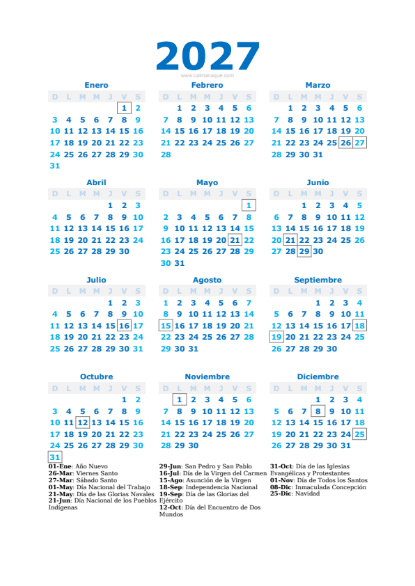 Calendario 2027 #40 — Chile — Calmanaque