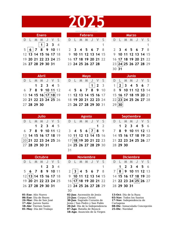 Calendario 2025 #30 — Colombia — Calmanaque