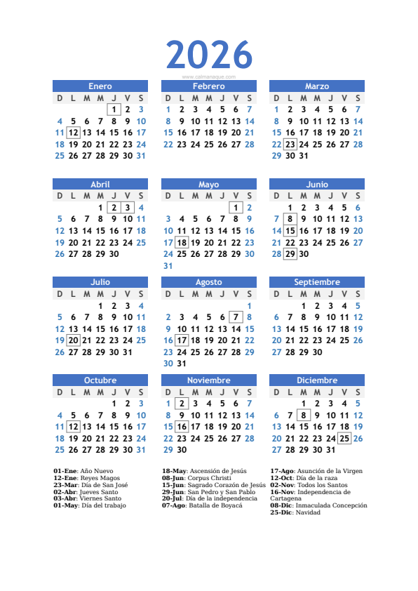 Calendario 2026 #10 — Colombia — Calmanaque
