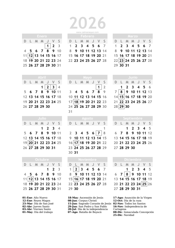 Calendario 2026 #20 — Colombia — Calmanaque