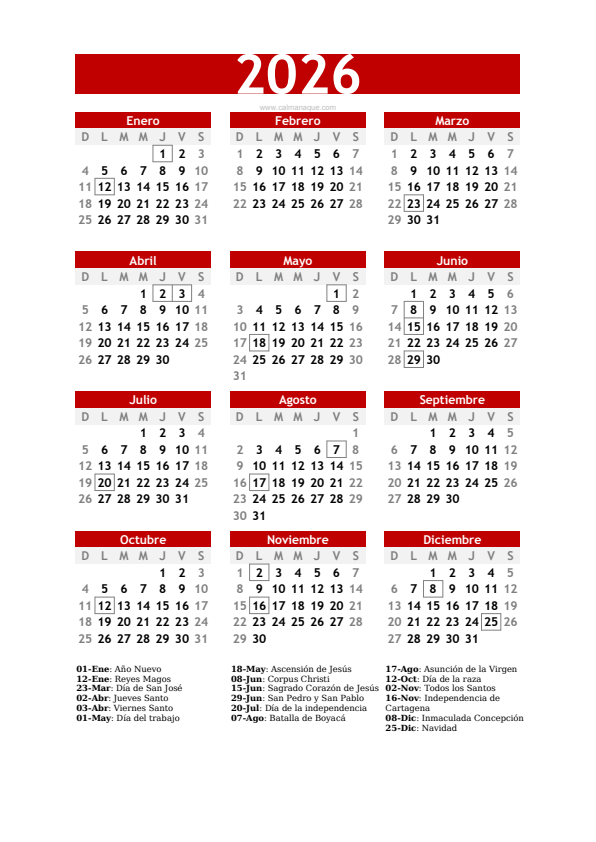 Calendario 2026 #30 — Colombia — Calmanaque