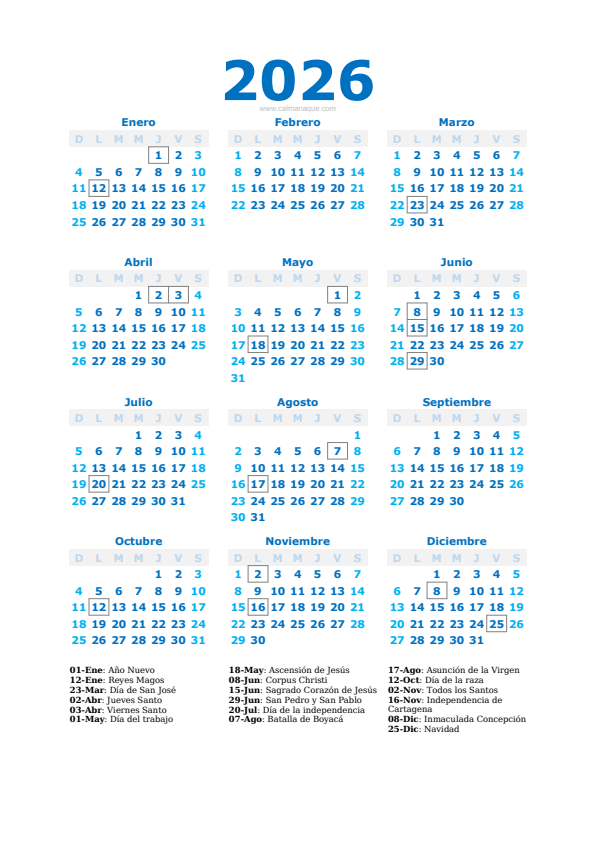 Calendario 2026 #40 — Colombia — Calmanaque