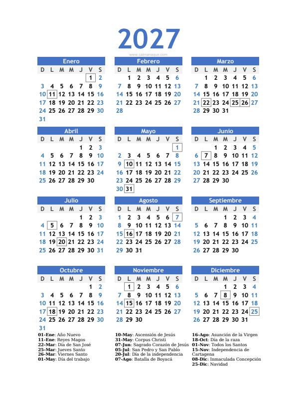 Calendario 2027 #10 — Colombia — Calmanaque