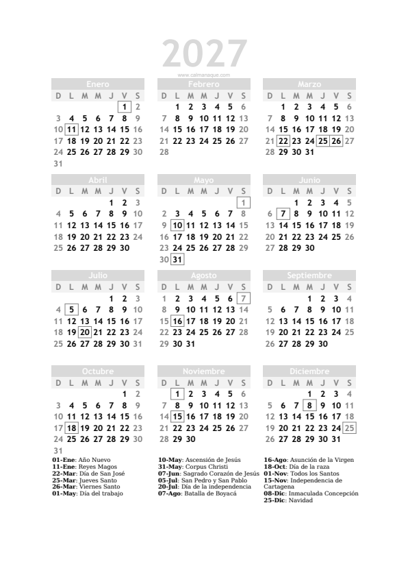 Calendario 2027 #20 — Colombia — Calmanaque