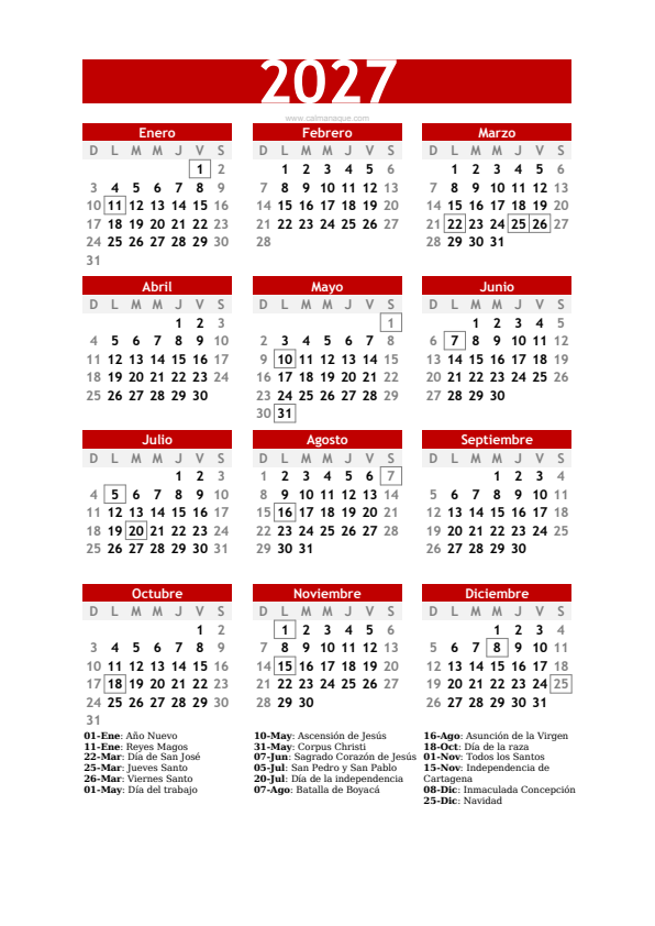 Calendario 2027 #30 — Colombia — Calmanaque