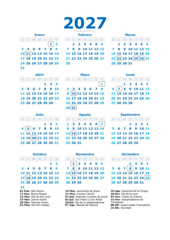 Calendario 2027 #40 — Colombia — Calmanaque