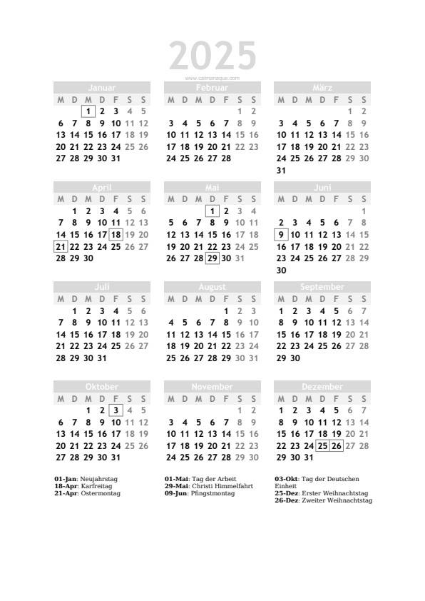 Calendario 2025 #20 — Deutschland — Calmanaque