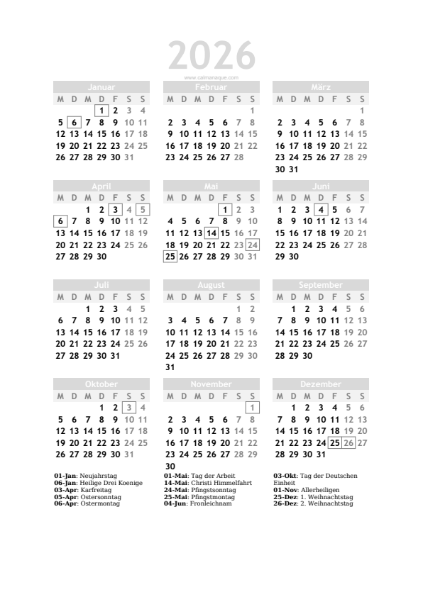 Calendario 2026 #20 — Deutschland — Calmanaque
