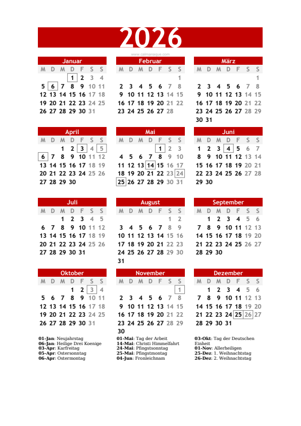 Calendario 2026 #30 — Deutschland — Calmanaque