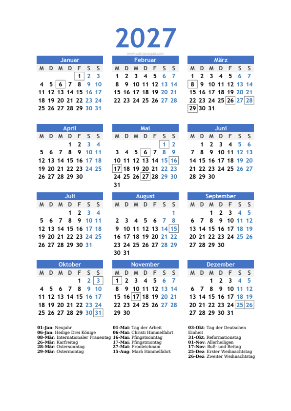 Calendario 2027 #10 — Deutschland — Calmanaque