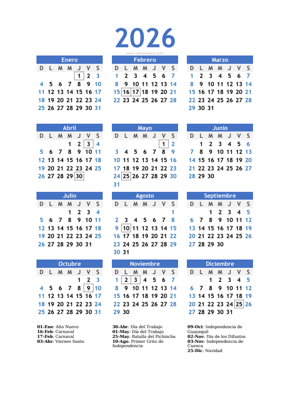 Calendario 2026 #10 — Ecuador — Calmanaque