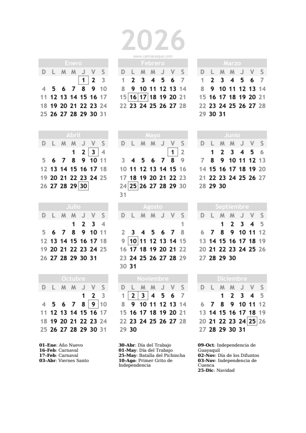 Calendario 2026 #20 — Ecuador — Calmanaque