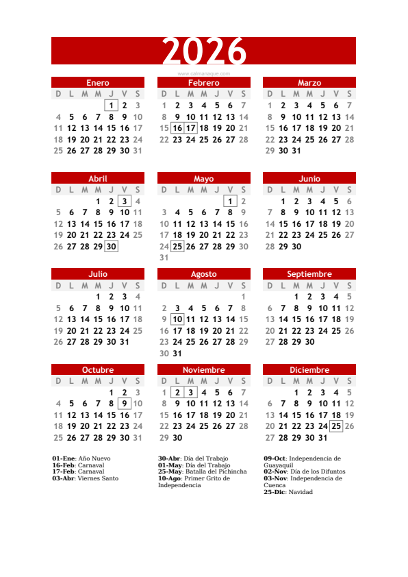 Calendario 2026 #30 — Ecuador — Calmanaque