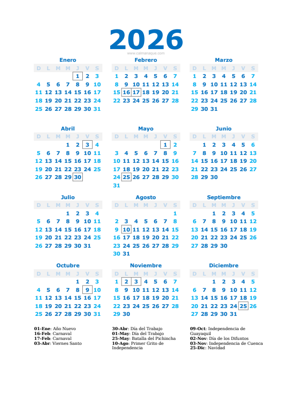 Calendario 2026 #40 — Ecuador — Calmanaque