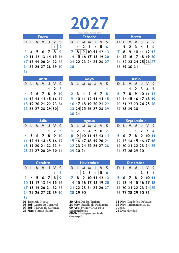 Calendario 2027 #10 — Ecuador — Calmanaque