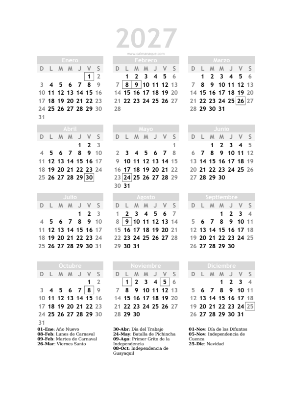 Calendario 2027 #20 — Ecuador — Calmanaque