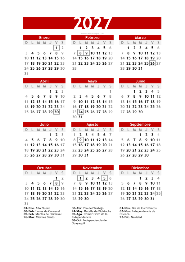 Calendario 2027 #30 — Ecuador — Calmanaque