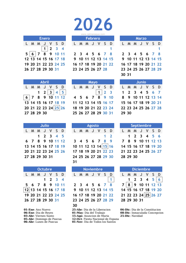 Calendario 2026 #10 — España — Calmanaque