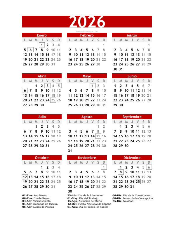 Calendario 2026 #30 — España — Calmanaque