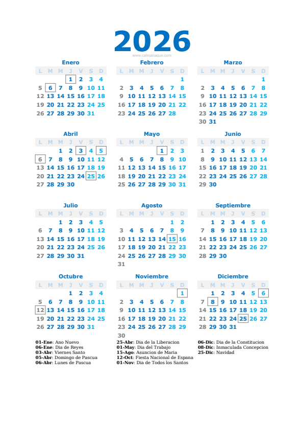Calendario 2026 #40 — España — Calmanaque