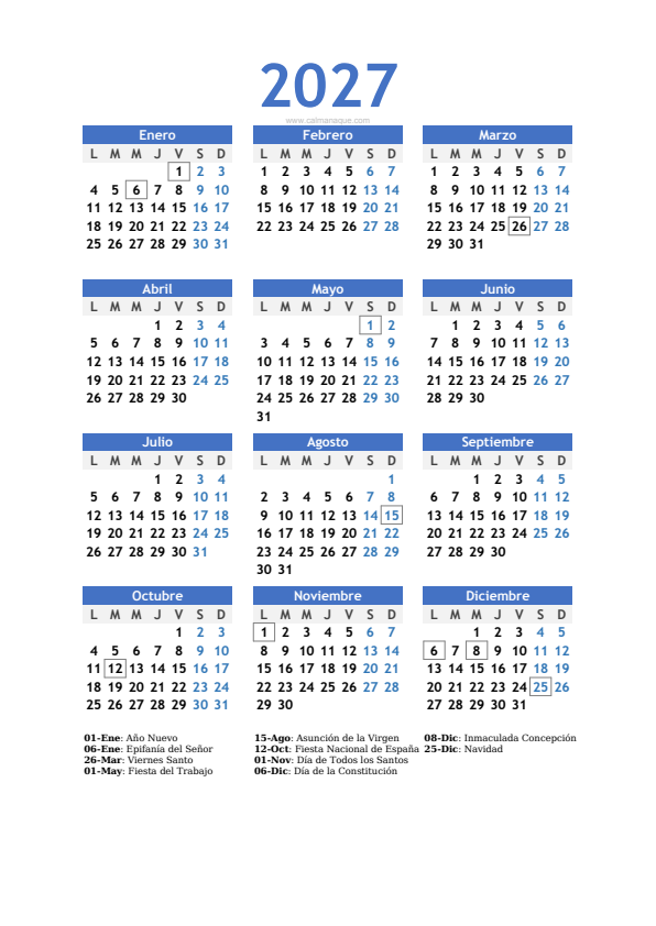 Calendario 2027 #10 — España — Calmanaque
