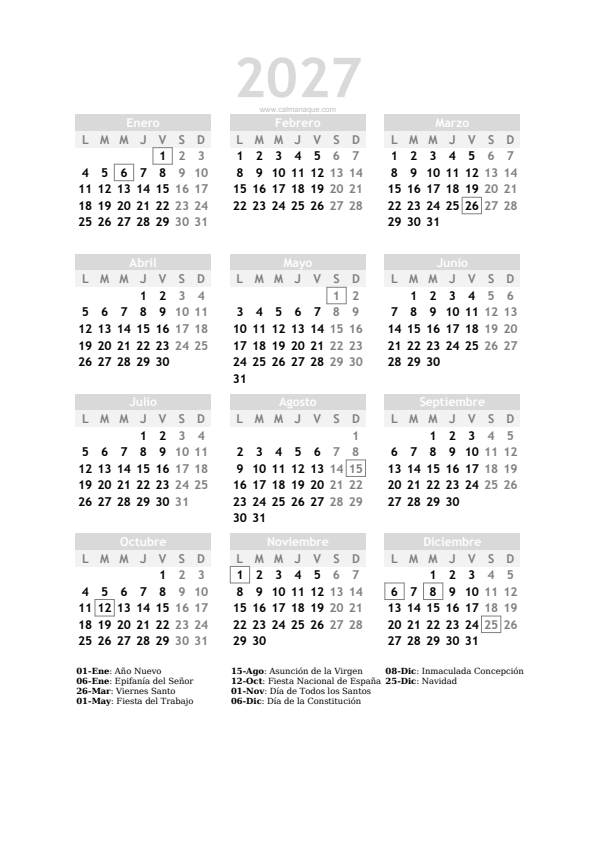 Calendario 2027 #20 — España — Calmanaque