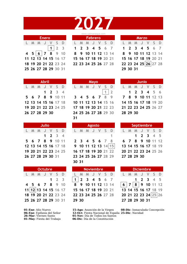Calendario 2027 #30 — España — Calmanaque