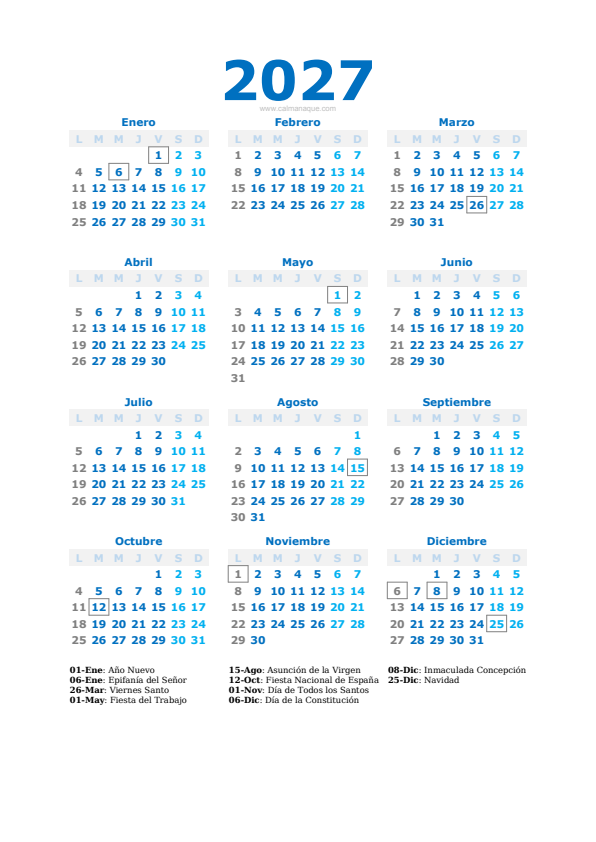 Calendario 2027 #40 — España — Calmanaque