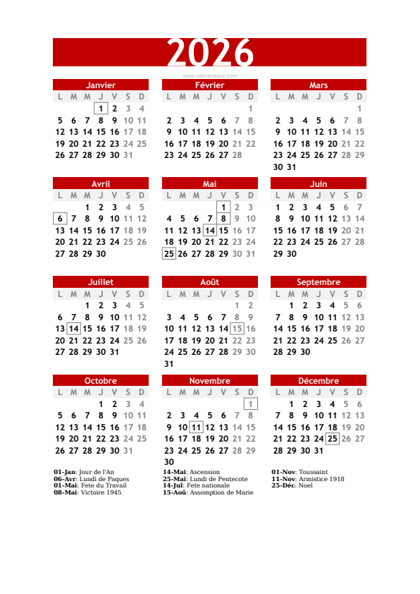 Calendario 2026 #30 — France — Calmanaque