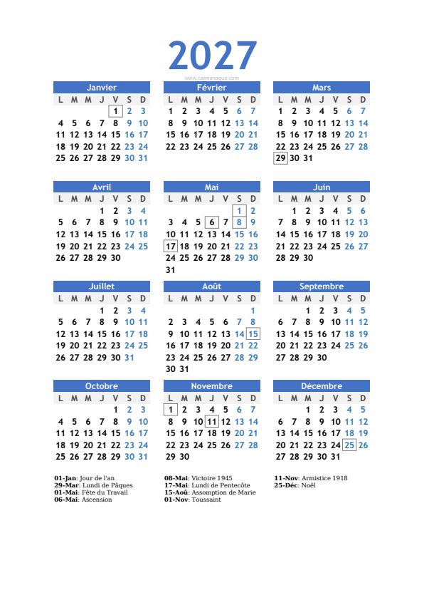 Calendario 2027 #10 — France — Calmanaque