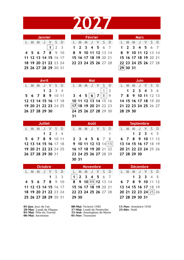 Calendario 2027 #30 — France — Calmanaque