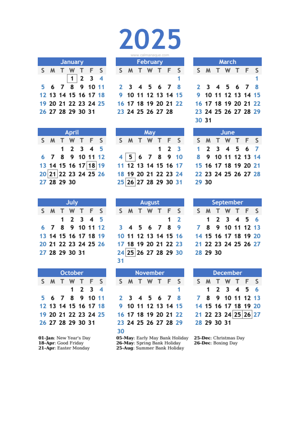 Calendario 2025 #10 — United Kingdom — Calmanaque