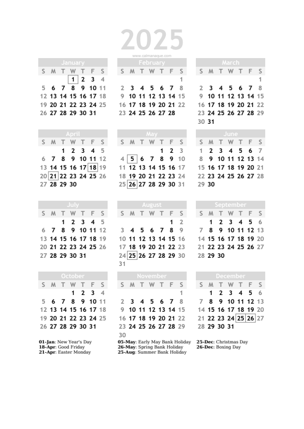 Calendario 2025 #20 — United Kingdom — Calmanaque