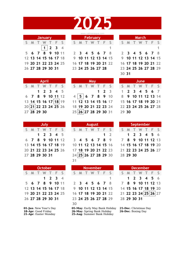 Calendario 2025 #30 — United Kingdom — Calmanaque