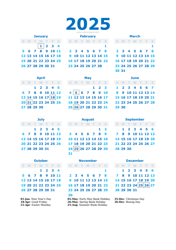 Calendario 2025 #40 — United Kingdom — Calmanaque
