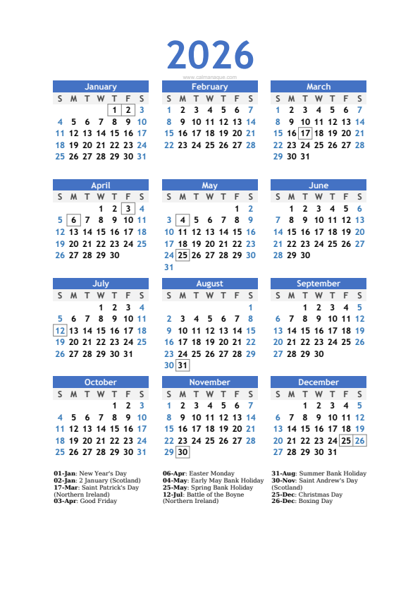 Calendario 2026 #10 — United Kingdom — Calmanaque