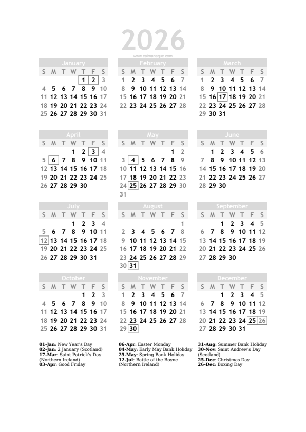 Calendario 2026 #20 — United Kingdom — Calmanaque