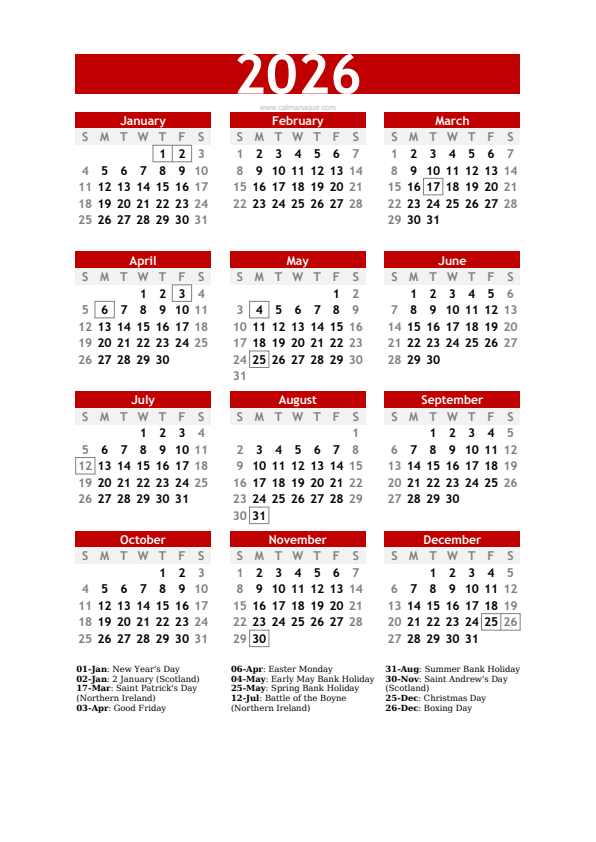Calendario 2026 #30 — United Kingdom — Calmanaque