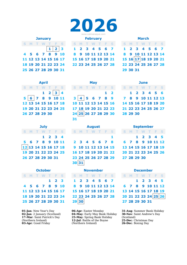Calendario 2026 #40 — United Kingdom — Calmanaque