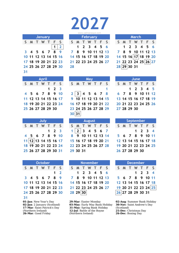 Calendario 2027 #10 — United Kingdom — Calmanaque