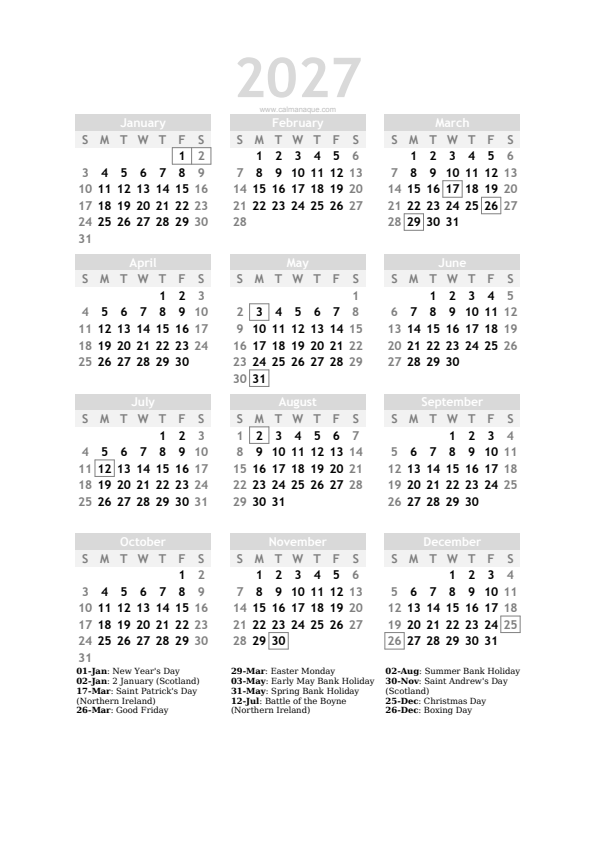 Calendario 2027 #20 — United Kingdom — Calmanaque