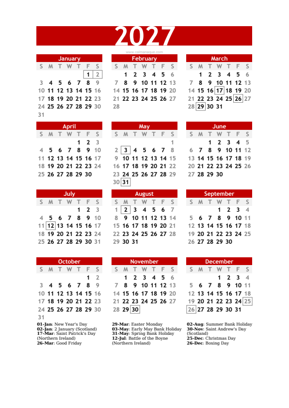 Calendario 2027 #30 — United Kingdom — Calmanaque
