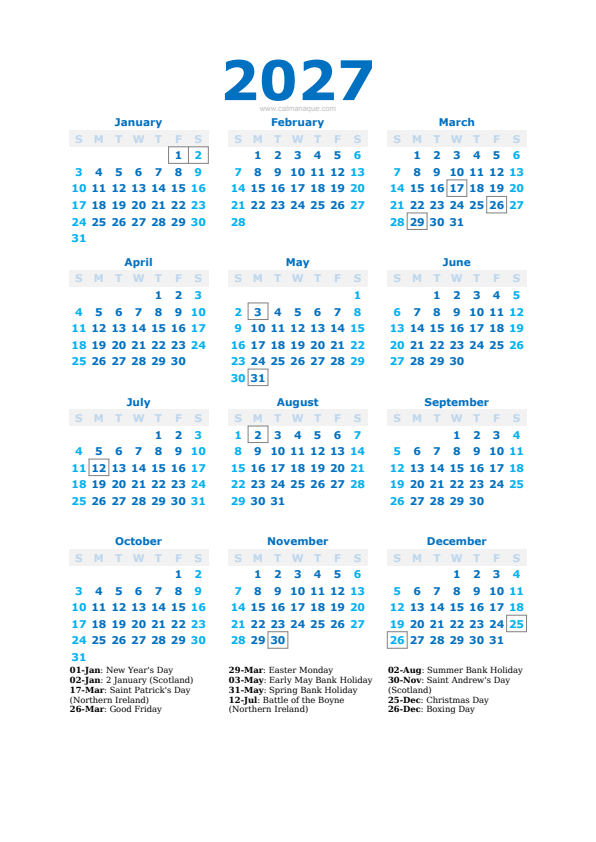 Calendario 2027 #40 — United Kingdom — Calmanaque