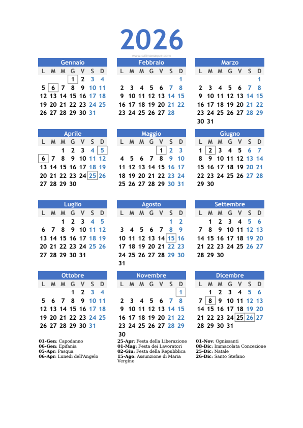 Calendario 2026 #10 — Italia — Calmanaque
