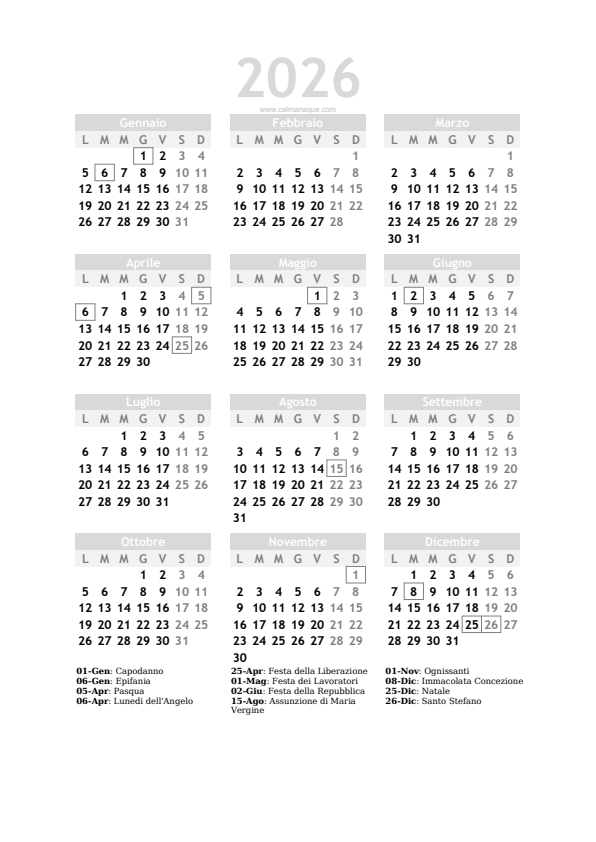 Calendario 2026 #20 — Italia — Calmanaque